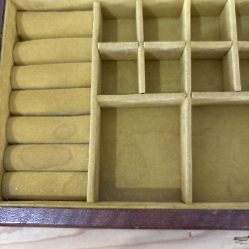 Vintage Wood Jewelry Box Yellow Velvet Lining Mid-Century Necklace & Ring Slots - Picture 4 of 5
